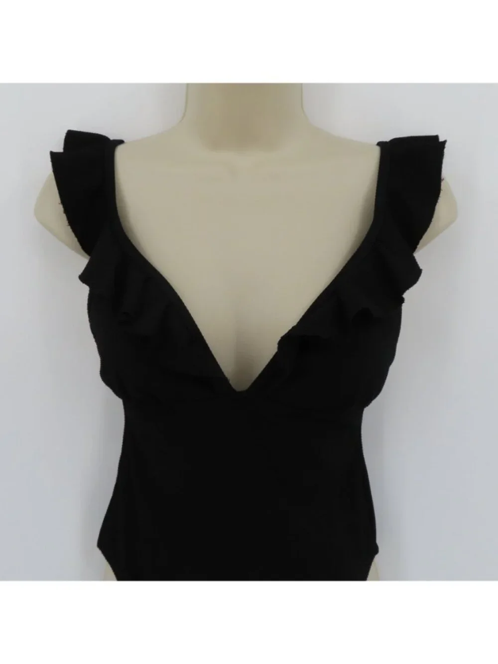 J Crew Women 2 Solid Black Puckered One Piece Swimsuit Ruffle Straps V Neck